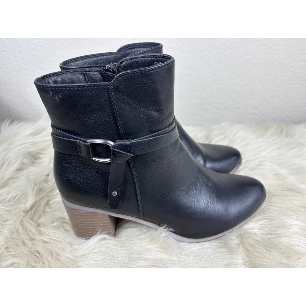 Frye & Co Italia Ankle Booties Women's 9M Black Leather Stacked Heel Luxe‎ Chic